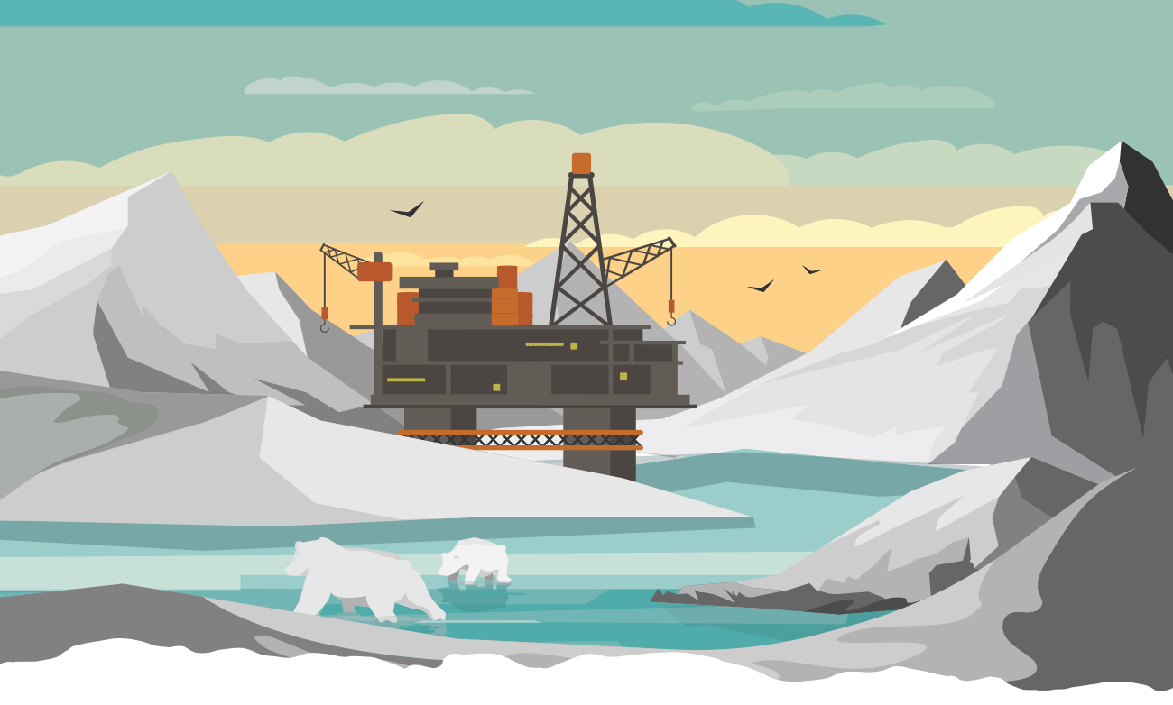 Image of arctic mountains, wildlife and an oil rig
